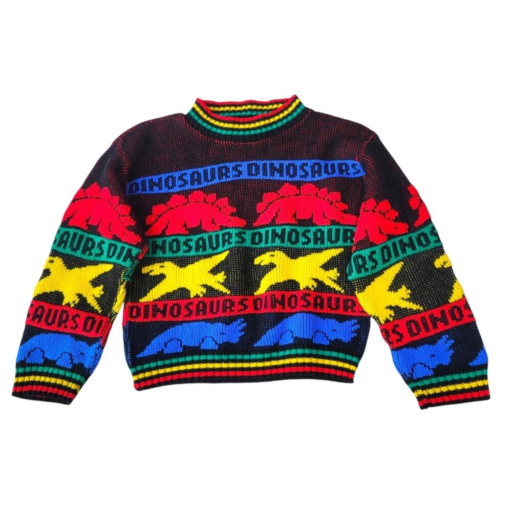 Vintage 80s Boys Dinosaur Knit Sweater Primary Color Medium